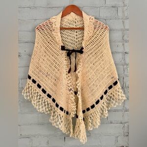 Vintage Cream Crochet Shawl: Bed Jacket with Velvet Ribbon Detail